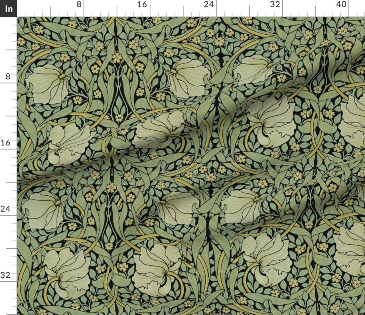 Victorian Floral Vintage Style Morris Inspired Damask Pimpernel Flowers Sage Black Custom Printed Fabric by Spoonflower Various Fabrics by the Yard or Fat Quarter